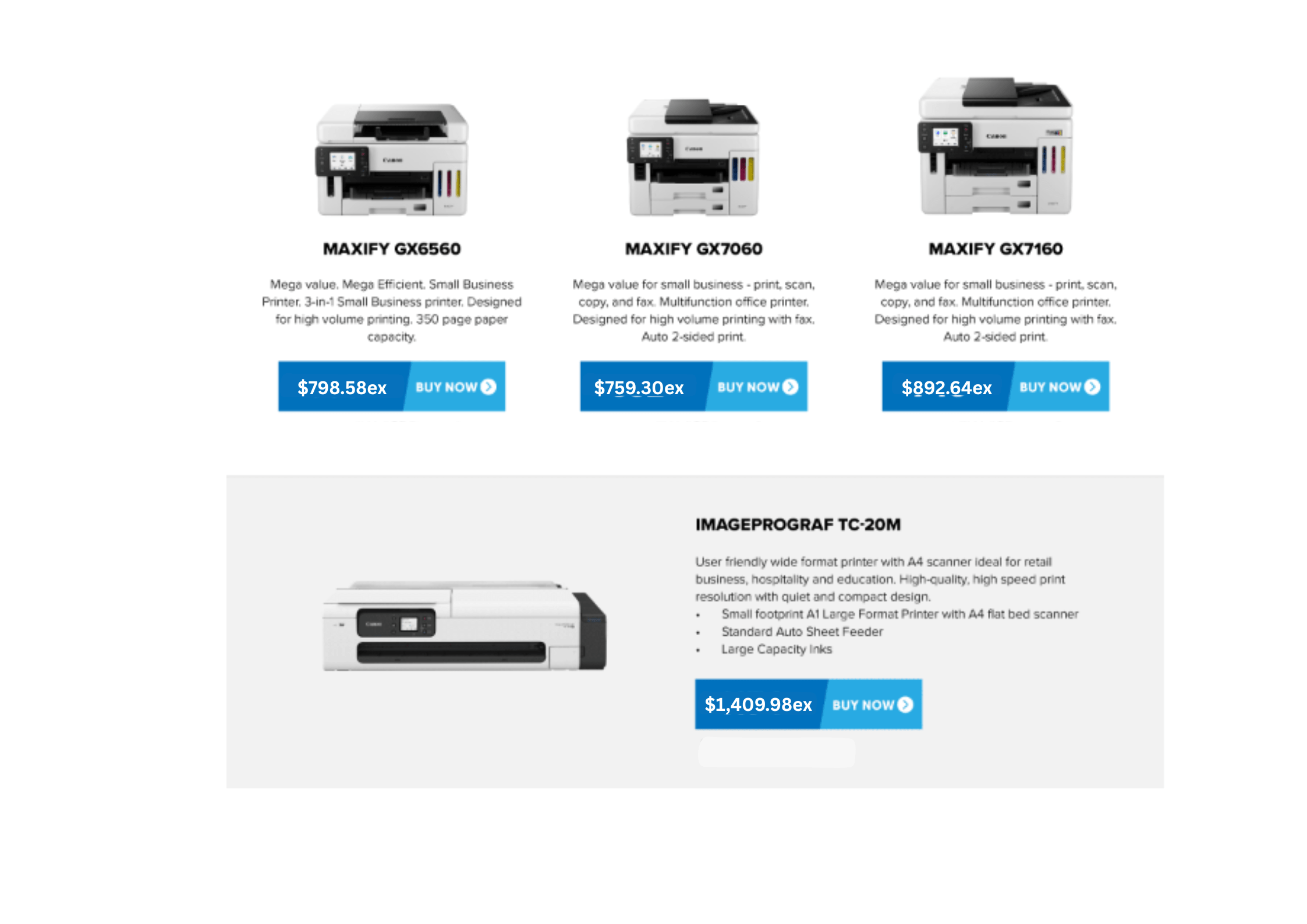Group of Canon ink tank printers from the Mega Range series, built for reliable high-volume output